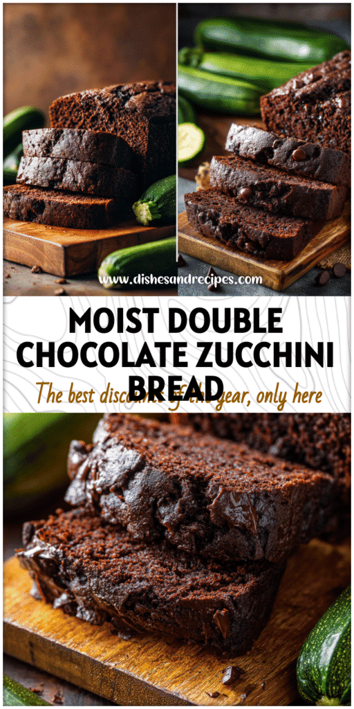 A loaf of double chocolate zucchini bread sliced on a wooden board with fresh zucchini nearby for Squash & Zucchini Recipes.